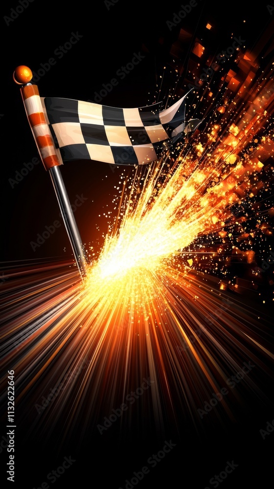 Poster checkered flag waves at the finish line as sparks ignite in a dynamic racing atmosphere