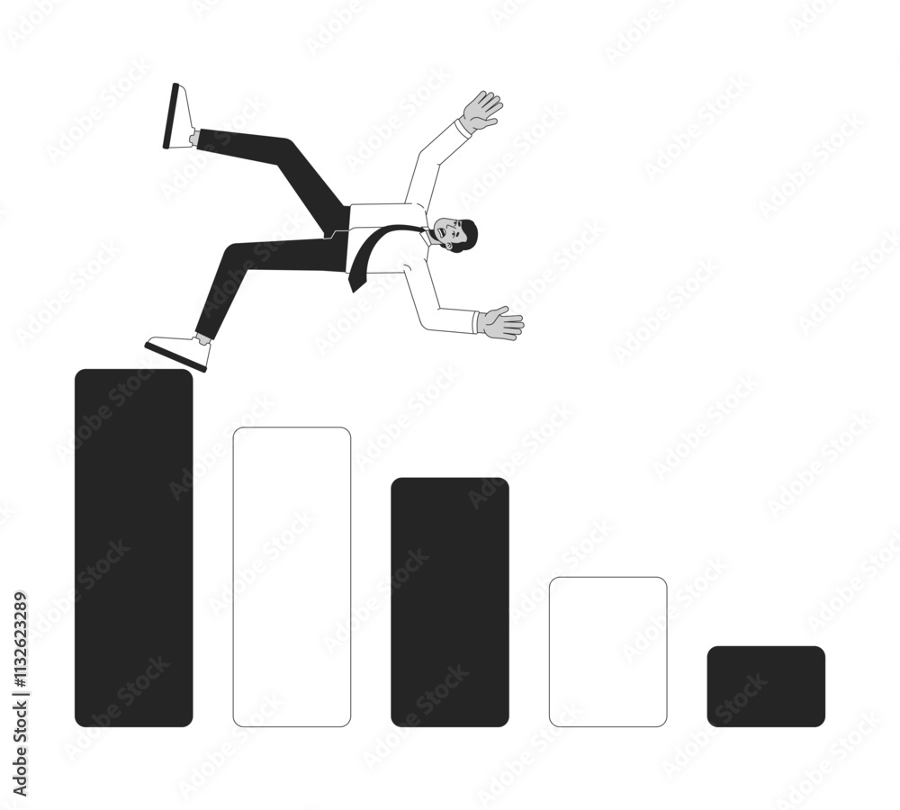 Poster businessman failure bar chart black and white 2d illustration concept. barchart fail employee. offic