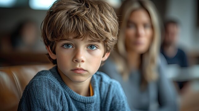 Sad child looking while parents are arguing in the background
