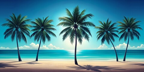Obraz premium Serene tropical beach scene with four palm trees casting shadows on the sand under a vibrant blue sky