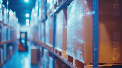 Automated warehouse operations with robotic forklifts moving goods selective focus on robotics, dynamic, Composite, hightech facility backdrop