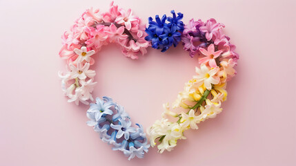 Hyacinth flowers in hole in heart shaped form over pink punchy pastel background. Top view, flat lay. Banner. Spring, summer or garden concept.