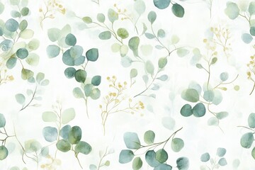 Obraz premium Watercolor eucalyptus leaves with gold accents on white. Seamless botanical pattern for nature-inspired designs. Elegant foliage concept