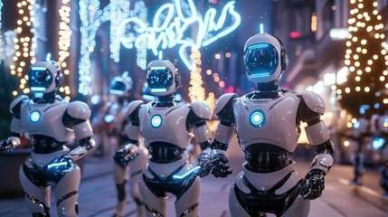 Fototapeta premium Robots exploring vibrant city streets at night