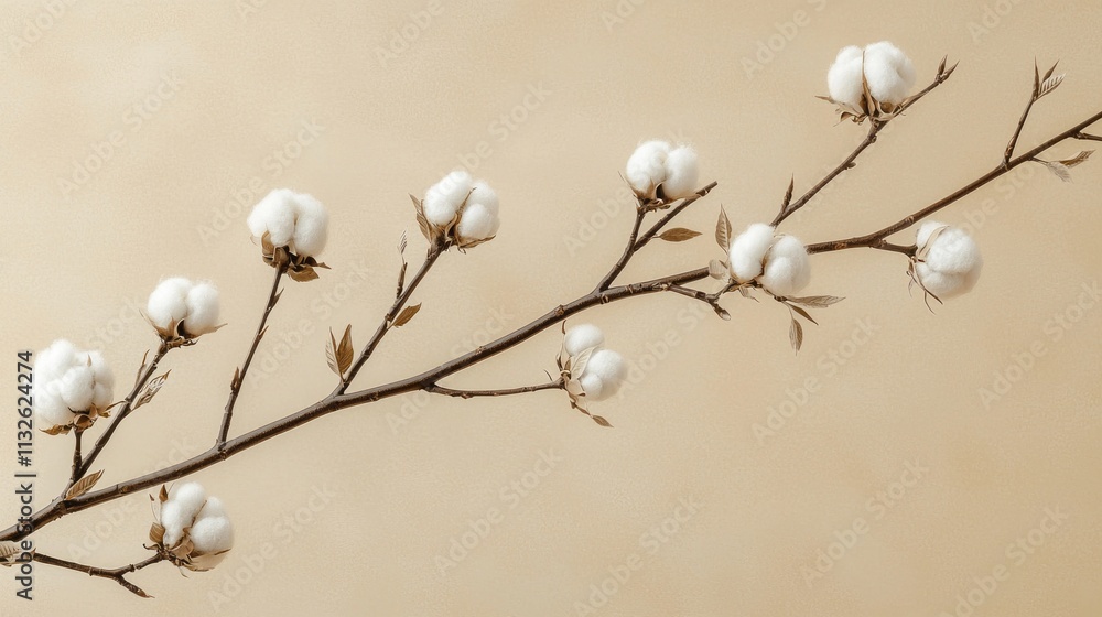 Poster softly illuminated cotton bolls cling to slender branches, creating a tranquil presence. the warm hu
