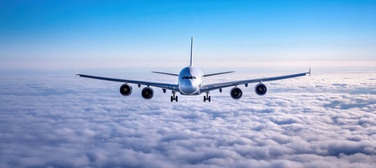 Fototapeta premium Passenger airplane flying above clouds on blue sky background