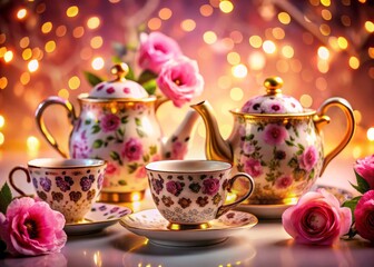 Fototapeta premium Cute Valentine's Leopard Print Tea Set - Romantic Tea Party Photography