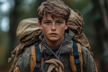 Obraz premium A Boy Scout learning to tie knots with a rope, emphasizing practical skills. Generative AI