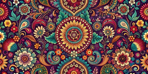 Fototapeta premium Vibrant Floral Mandala Design Intricate paisley and sunflower patterns create a rich, colorful textile print ideal for fashion or home decor.
