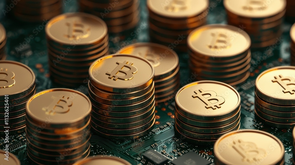 Aufkleber cryptocurrency bitcoin stacks on motherboard digital currency fintech blockchain technology