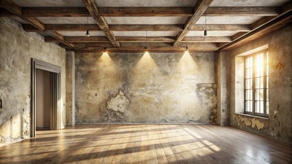 Empty rustic room with exposed wooden beams and sunlight streaming through a window