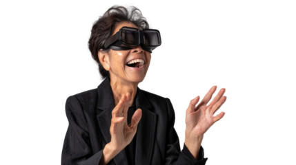Asian caucasian senior businesswoman watching vr glasses laughing and gesturing with hand on white background
