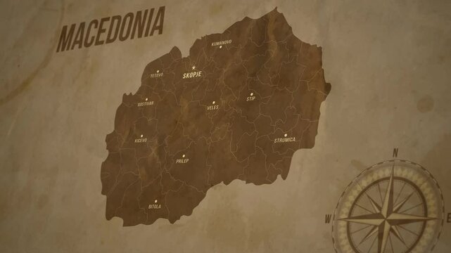 Vintage Map of MACEDONIA with states Borders and Major Cities Positions