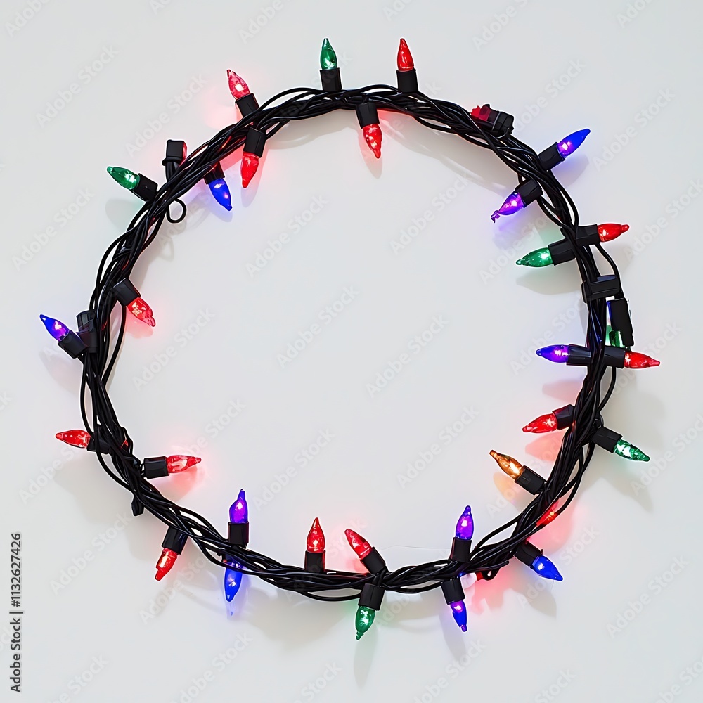 Poster colorful string lights arranged in a circle on a white background.