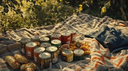 A cozy outdoor picnic scene with canned goods on a striped blanket.  Warm sunlight filters through the nearby foliage.