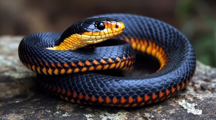 Obraz premium Captivating Black and Orange Snake Coiled on a Rock in a Natural Outdoor Setting