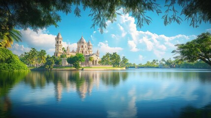 Obraz premium Serene view of a majestic church on a tranquil lake, surrounded by lush greenery under a vibrant blue sky. The reflection of the building in the calm water creates a picturesque scene.