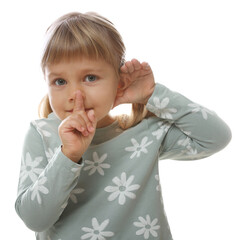 Little girl showing hand to ear gesture on white background