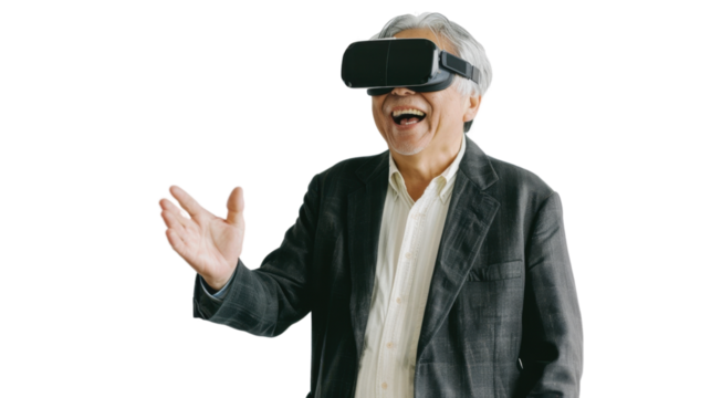 Asian caucasian senior businessman watching vr glasses laughing and gesturing with hand on white background
