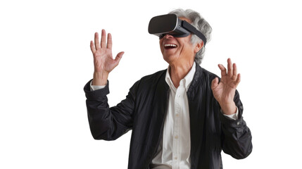 Asian caucasian senior businessman watching vr glasses laughing and gesturing with hand on white background
