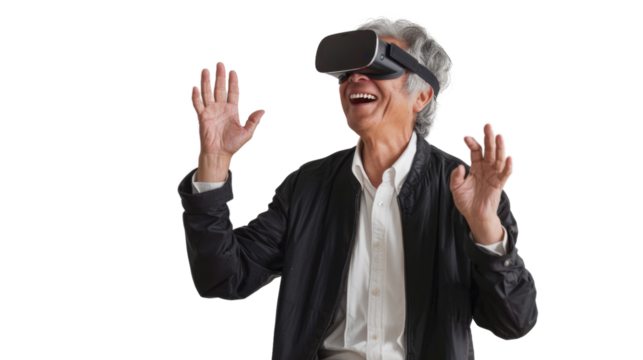 Asian caucasian senior businessman watching vr glasses laughing and gesturing with hand on white background
