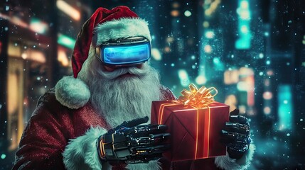 Glowing boxed gift held by futuristic Santa in city