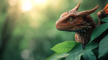 Obraz premium A detailed, vibrant dragon blending into lush green foliage in natural light.