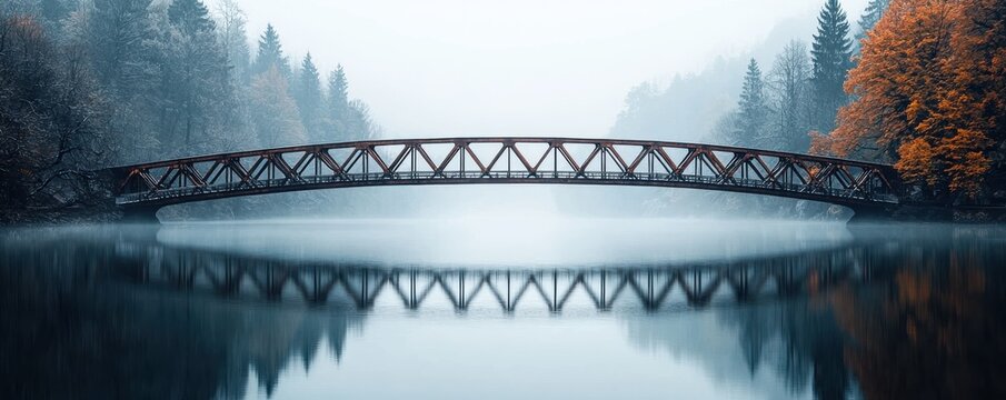 Geometric architecture triangular truss bridge over calm waters