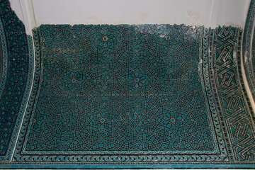 Blue Tiles of Karatay Madrasa in Konya city, Turkiye. Oriental style ornaments and mosaics in the walls of Seljuk madrasah.