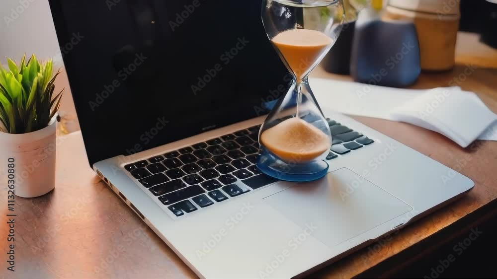 Poster an hourglass sits on a laptop, symbolizing time management and productivity in the digital age. idea