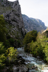 Cares River flows through the rocks of the mountains. Asturias - Spain