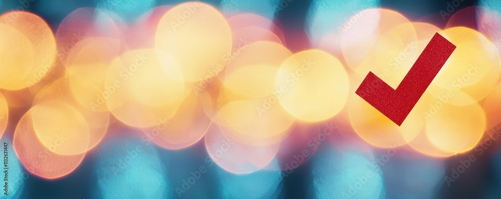 Poster abstract bokeh lights background with red checkmark approval success