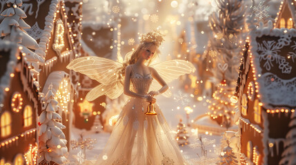 A magical Christmas fairy with shimmering wings, surrounded by twinkling Christmas lights and detailed gingerbread houses.