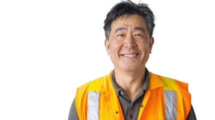 Asian middle age male smiling in yellow warning vest safety on white background	
