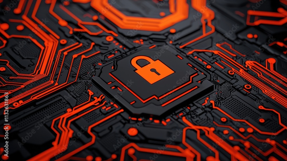 Poster cyber security data protection lock icon on microchip circuit board
