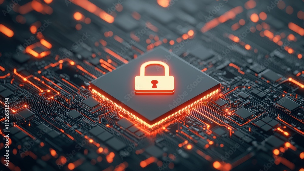 Poster cyber security digital lock on microchip circuit board
