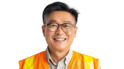 Asian middle age male smiling in yellow warning vest safety on white background	
