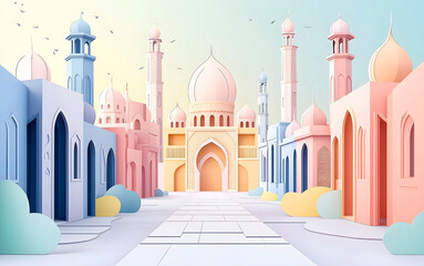 Fototapeta premium Happy Ramadan Kareem concept. 3D design of paper cut mosque in pastel colors. Greeting card for social media or website wallpaper banner.