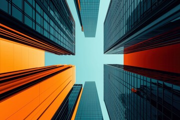 Showcasing urban skyscrapers a low-angle architectural perspective