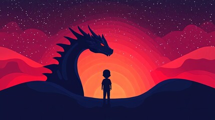 Naklejka premium A magical scene featuring a boy and a dragon against a vibrant sunset backdrop.
