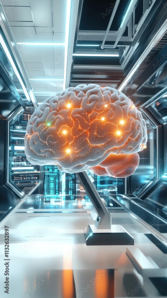 Poster glowing human brain floating in futuristic laboratory setting, artificial intelligence concept