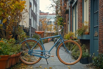 Fototapeta premium A scenic shot of a bike parked near a modern office. Generative AI