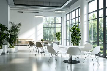 Modern Office Workspace with Natural Light and Greenery for Collaborative Meetings