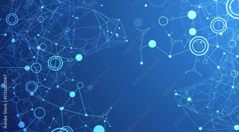 Poster Scientific abstract background. Plexus effect and circles connected by lines. Hand drawn vector.