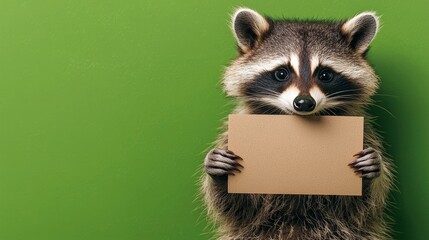 Obraz premium Raccoon holding a cardboard sign. The sign is empty
