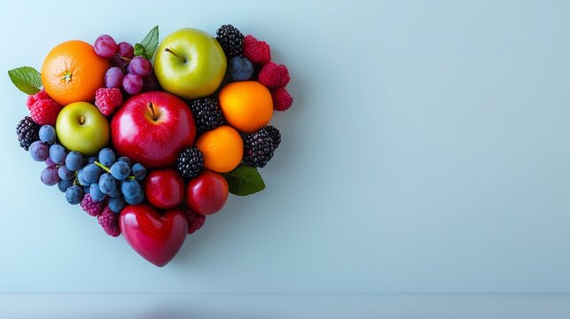 Heart made of fruit including apples, oranges, and grapes. The heart is surrounded by a blue background