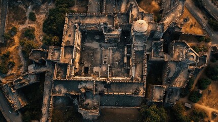 Fototapeta premium Aerial view of ancient ruins. The weathered stone structures tell a story of time and history. Dark and moody tones highlight the architectural details.