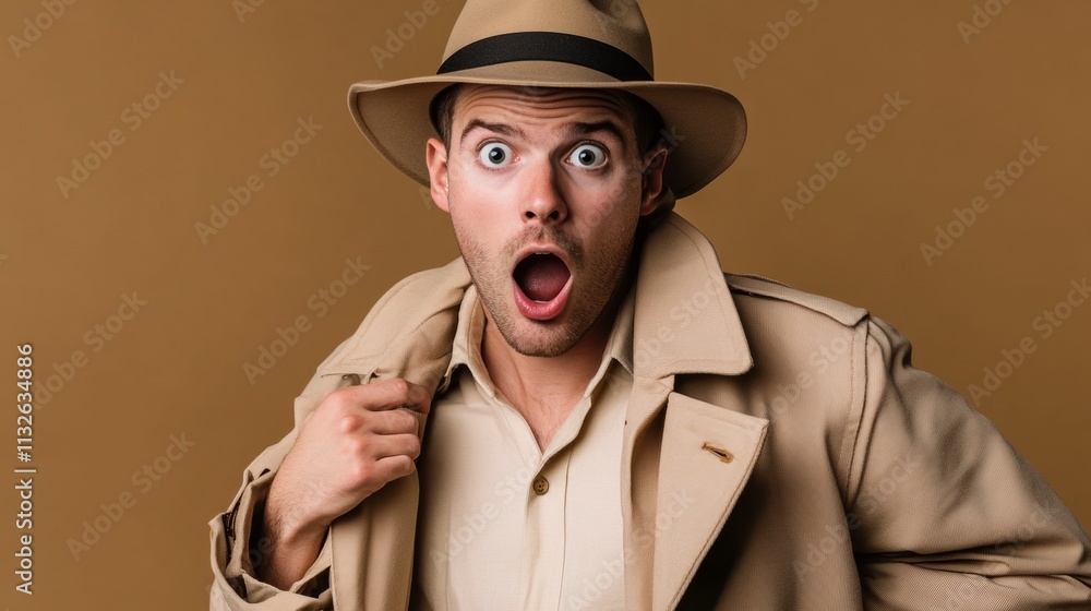 Poster man in a hat and coat is wearing a shirt with a large eye. he is looking at the camera with an open 