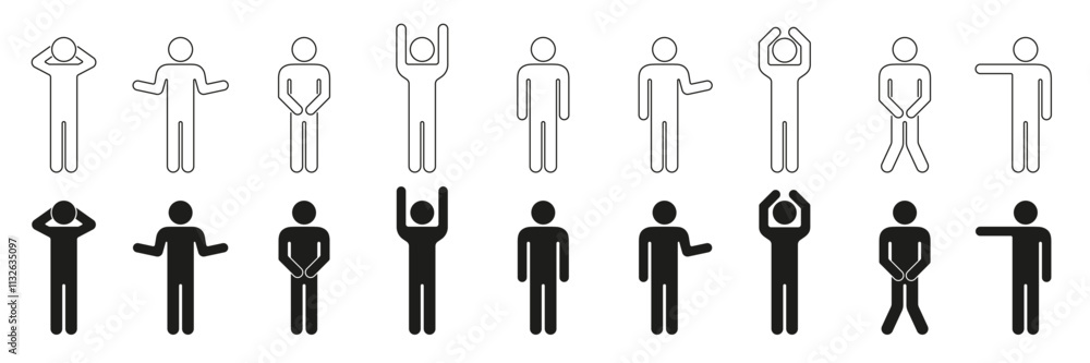 Poster set of human figure icons in filled and outline styles. stick figure gesture poses and expression li