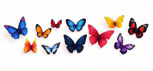 Row of colorful butterflies are displayed on a white background. The butterflies are of various...